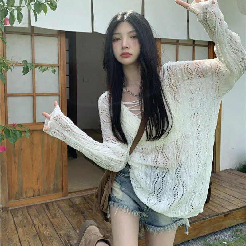 Fashion Two-Sided Wear Knitted Pullover Women Summer Thin Hollow Out Sunscreen Knitwear Woman Streetwear Loose See Through Tops