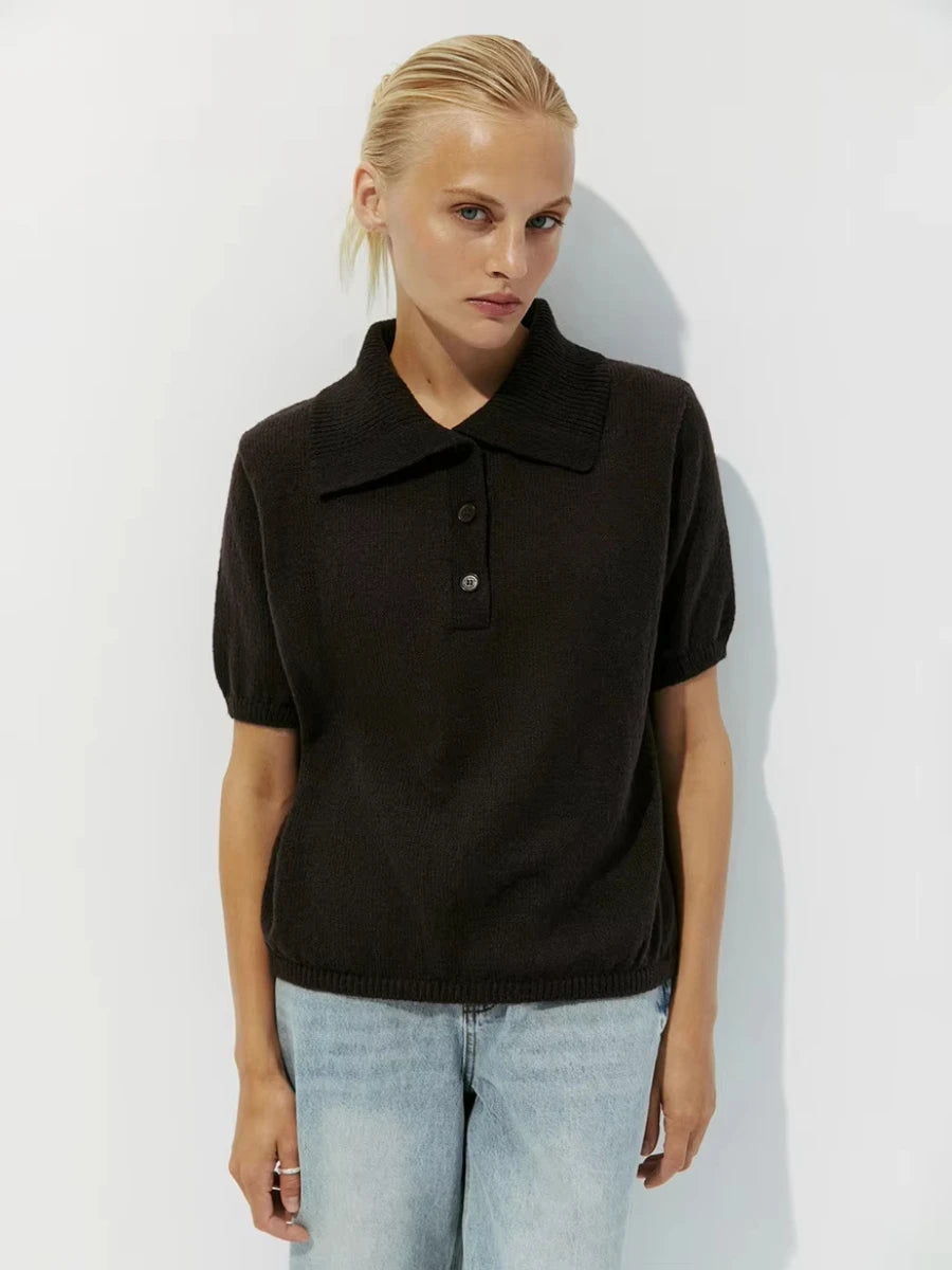 Wolfeel Summer New Polo Collar Hollow Knitted Short Sleeved Sweater Women's Bubble Sleeve T-shirt Female Simple Knitted Sweater