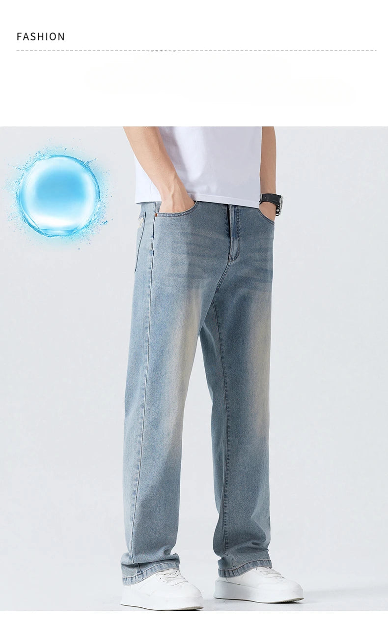 Summer Thin Men's Printed Jeans Breathable Fashion Business Loose Pants Washing Vintage Casual Denim Trousers Male