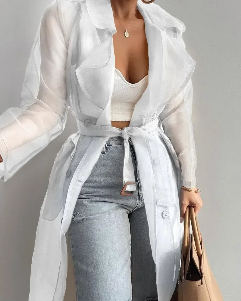 Joskaa Solid Organza See Through Lapel Full Sleeve Trench 2023 Summer Women Fashion Buttoned Coat with Belt Elegant Shirts