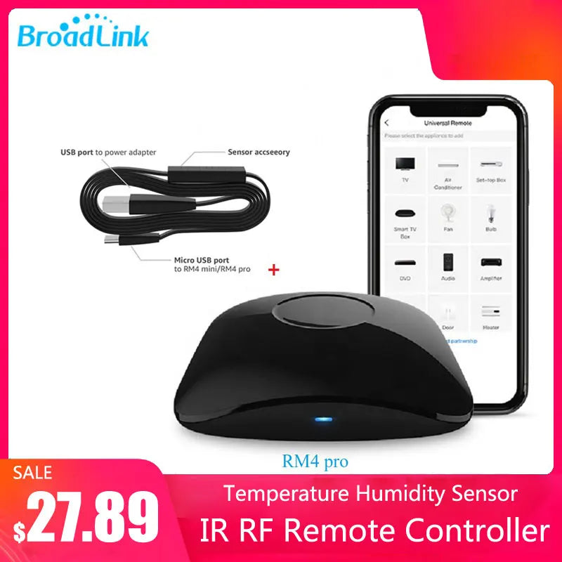 BroadLink RM4 Pro + HTS2  RF/IR Temp and Humidity Sensor Version Wireless Universal Remote Hub with Smart Home Solution