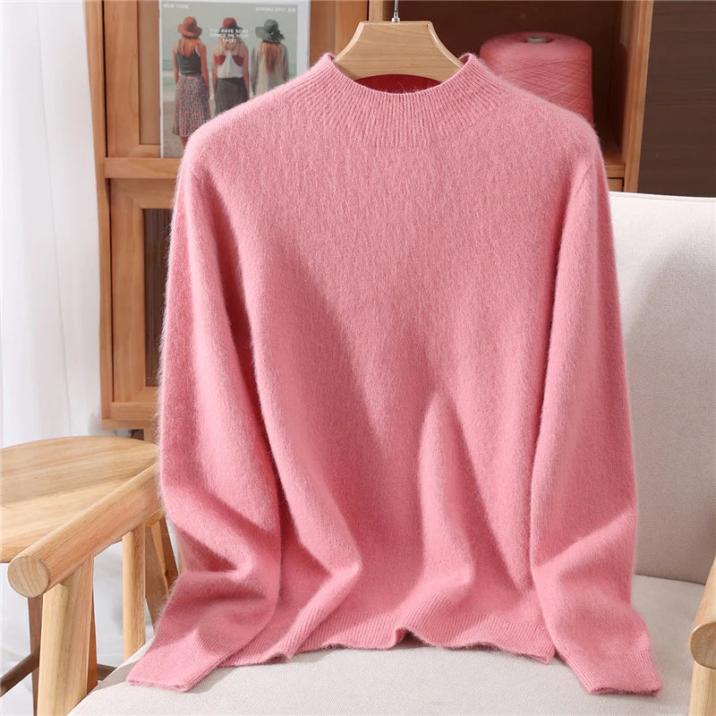 Women's Sweater Semi High Neck Autumn/Winter Pullover Long Sleeved High-End 100% Mink Fur Knitted Sweater Fashion Korean Version