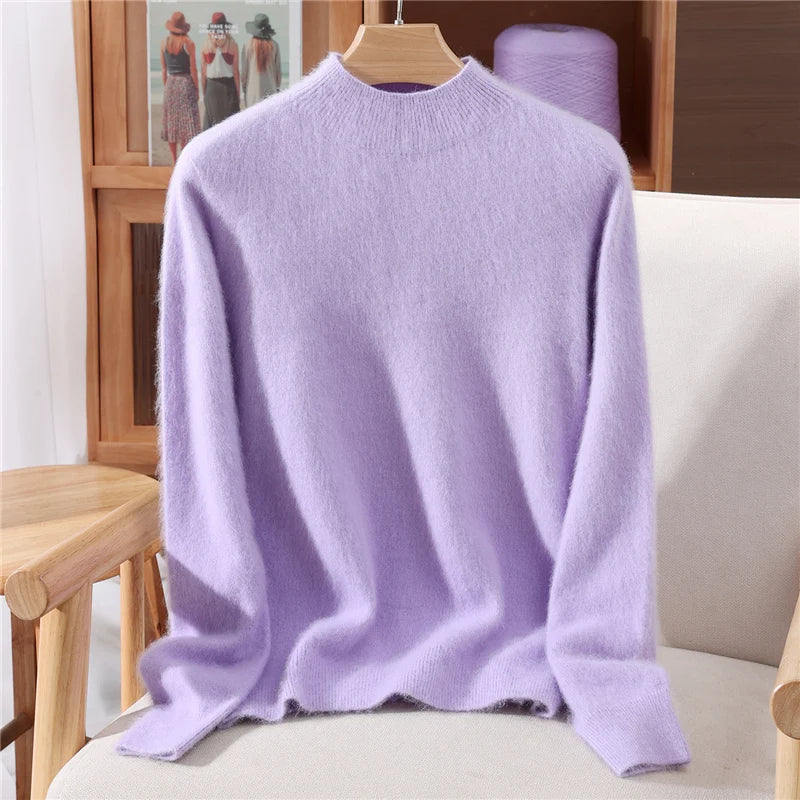 Women's Sweater Semi High Neck Autumn/Winter Pullover Long Sleeved High-End 100% Mink Fur Knitted Sweater Fashion Korean Version