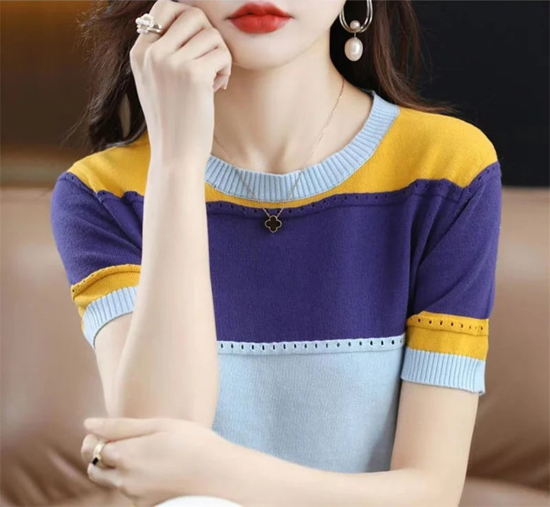2024 Summer New Ice Silk T-shirt Short-sleeved Stripes knitted Pullover Womens Color Matching Hollow Thin Knitted Sweater Ladies