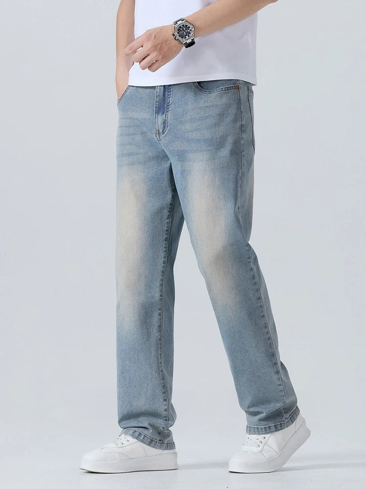 Summer Thin Men's Printed Jeans Breathable Fashion Business Loose Pants Washing Vintage Casual Denim Trousers Male