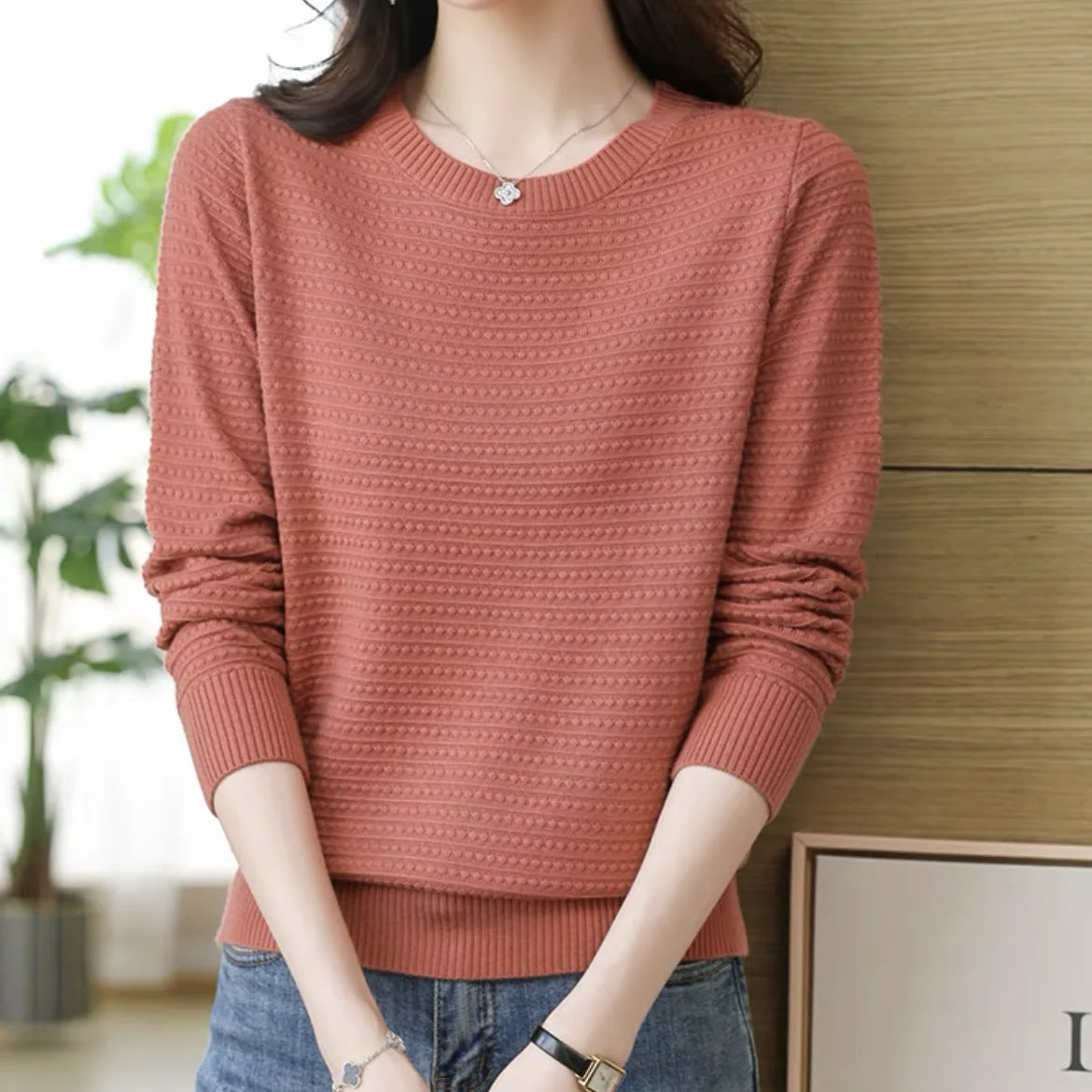 AutumnWinter New Solid Color Women's Base Layer Fashion Hollow Knit Long Sleeve Sweater