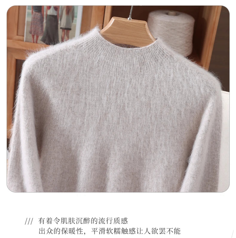 Women's Sweater Semi High Neck Autumn/Winter Pullover Long Sleeved High-End 100% Mink Fur Knitted Sweater Fashion Korean Version